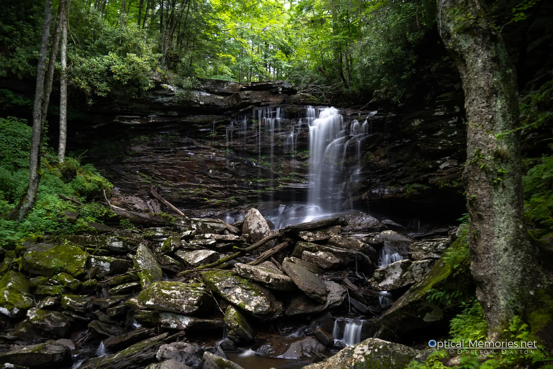 Water descending the layered rock of a forested Appalachian gorge